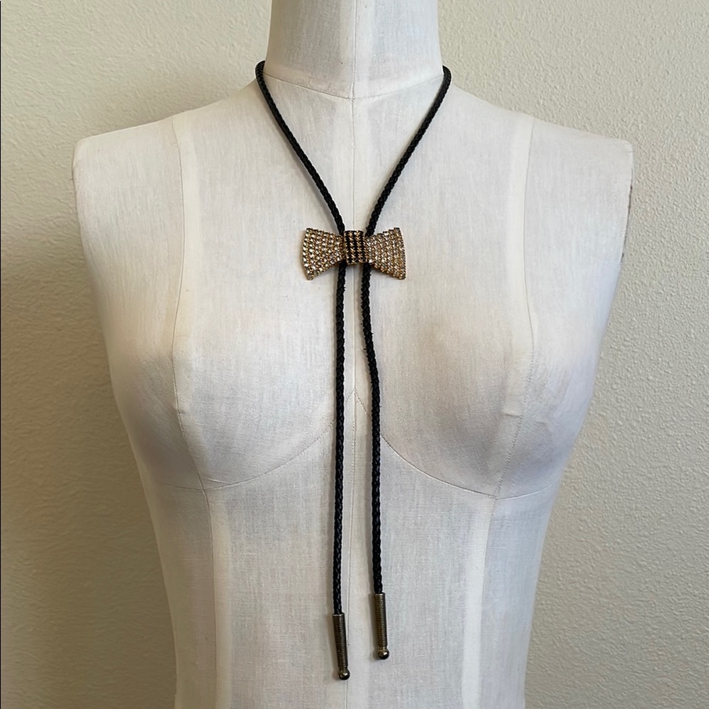 Vintage Rhinestone Bow Bolo Tie Necklace White & Black Rhinestones in Gold tone